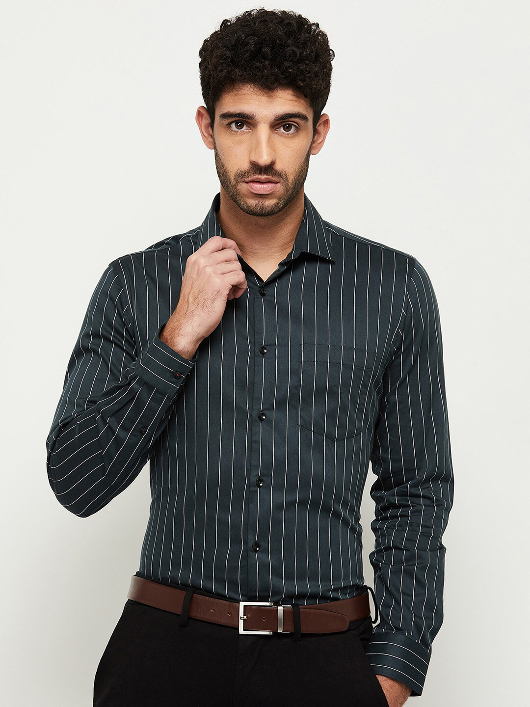 

max Men Green Striped Formal Shirt