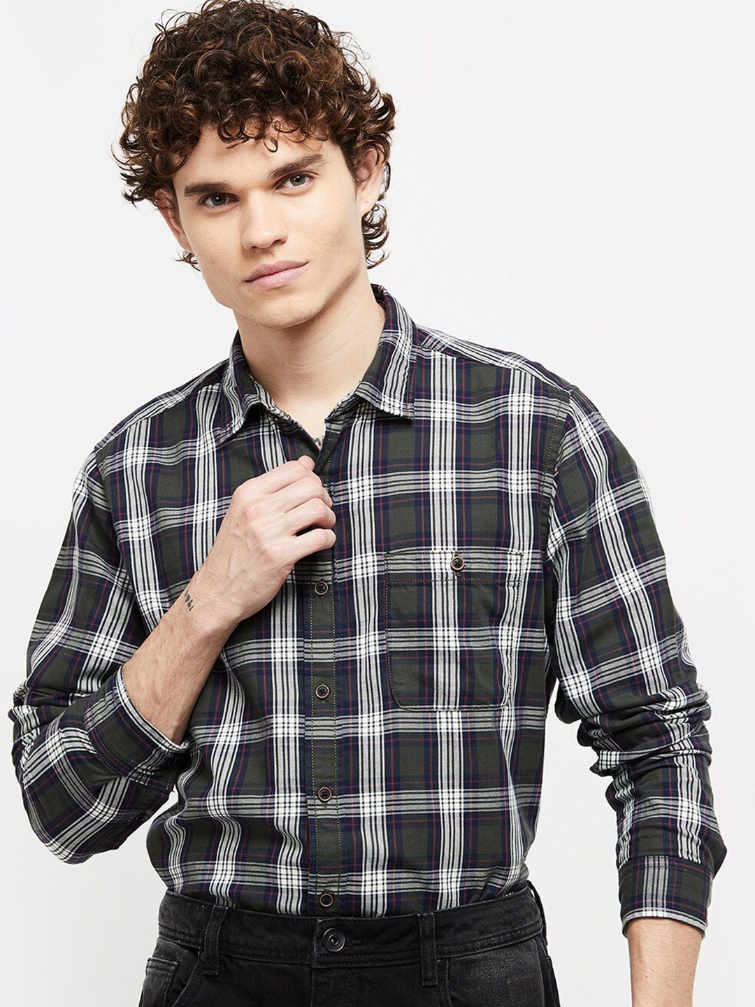 

max Men Green Tartan Checks Checked Casual Shirt