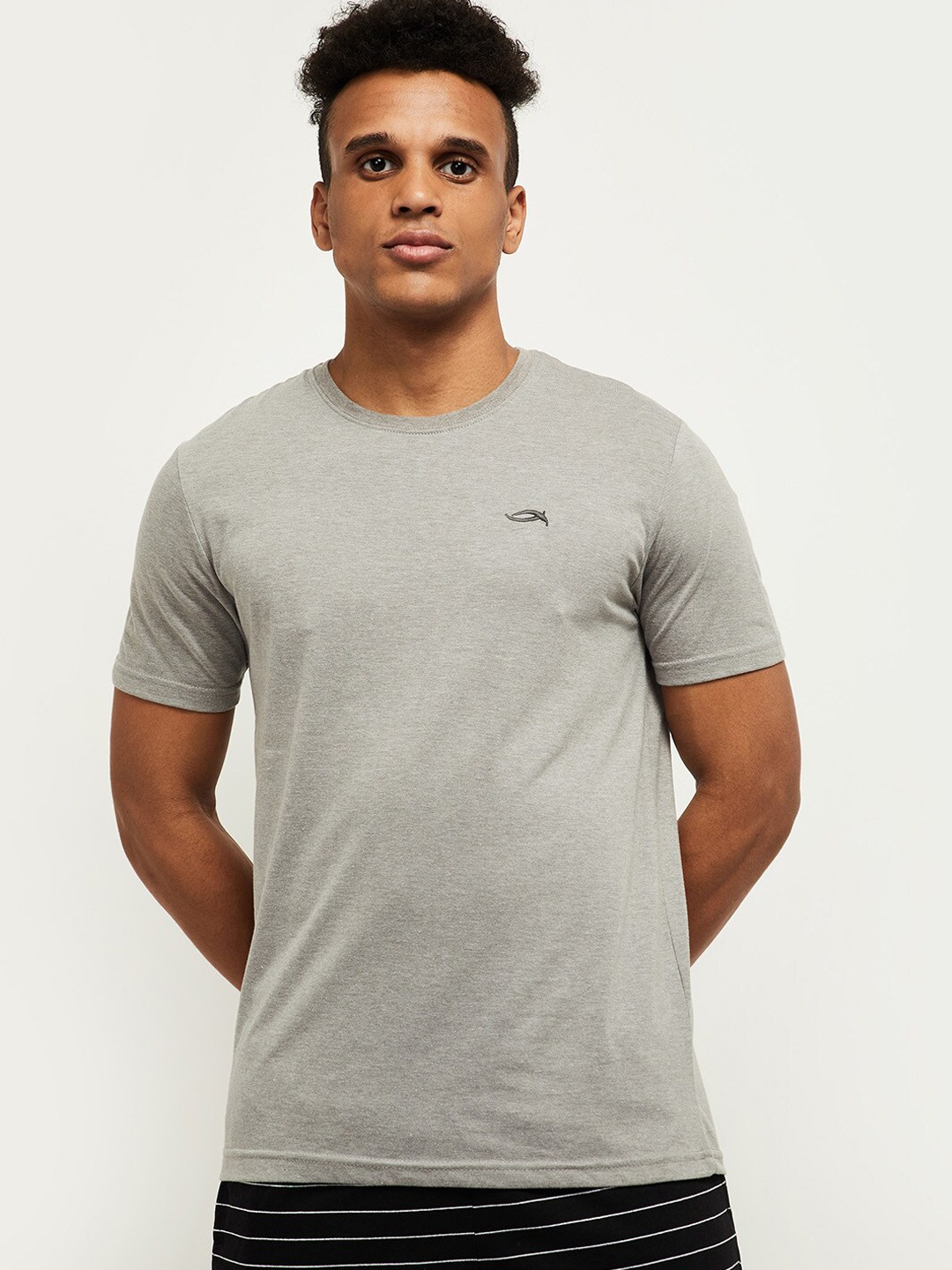 

max Men Grey Melange Solid Round -Neck Short Sleeves Pure Cotton Lounge T-shirts
