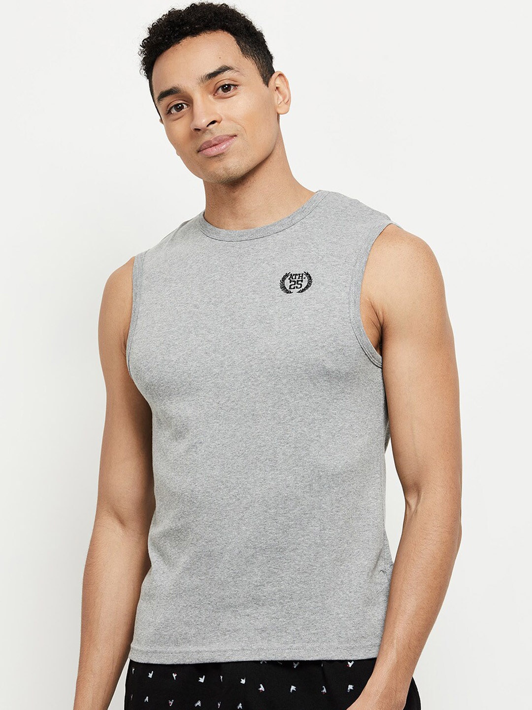 

max Men Grey Melange Solid Sleeveless Cotton Lounge T-shirts