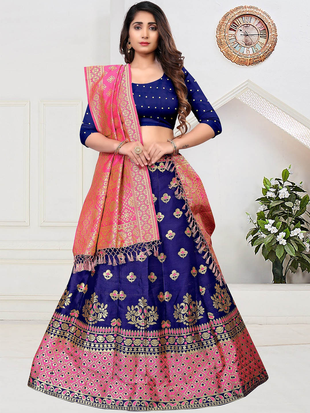 

Atsevam Pink & Blue Semi-Stitched Lehenga & Unstitched Blouse With Dupatta