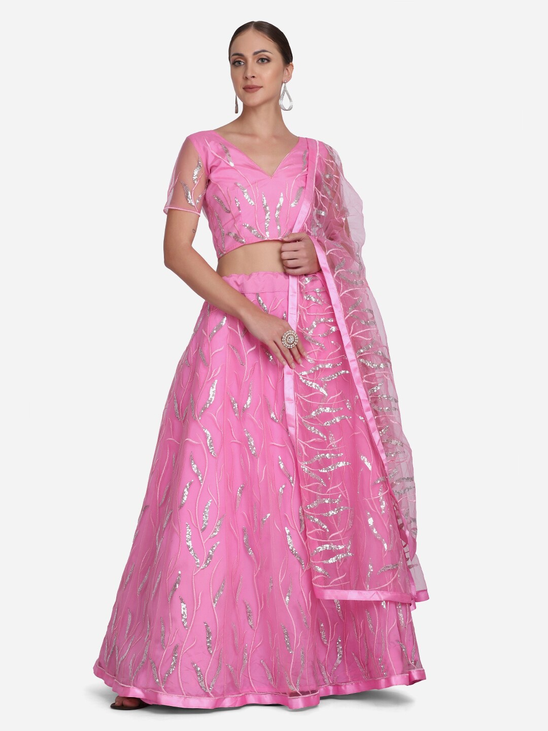 

Atsevam Pink & Silver Embroidered Semi-Stitched Lehenga & Unstitched Blouse With Dupatta