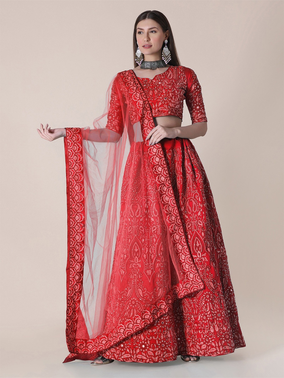 

Atsevam Red Embroidered Thread Work Semi-Stitched Lehenga & Unstitched Blouse With Dupatta