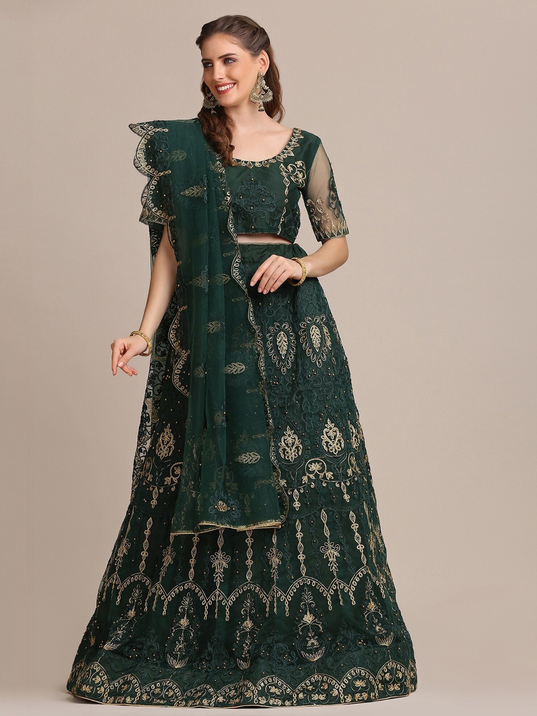 

Atsevam Green & Gold Embroidered Semi-Stitched Lehenga & Unstitched Blouse With Dupatta