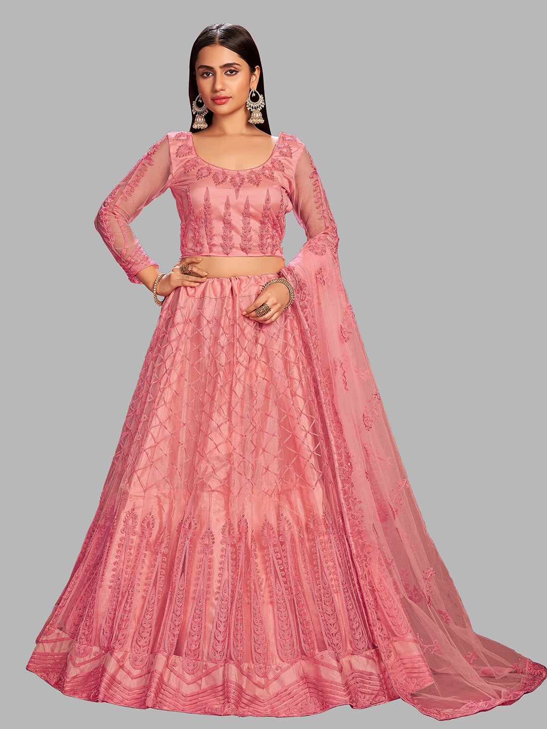 

Atsevam Pink Embroidered Semi-Stitched Lehenga & Unstitched Blouse With Dupatta
