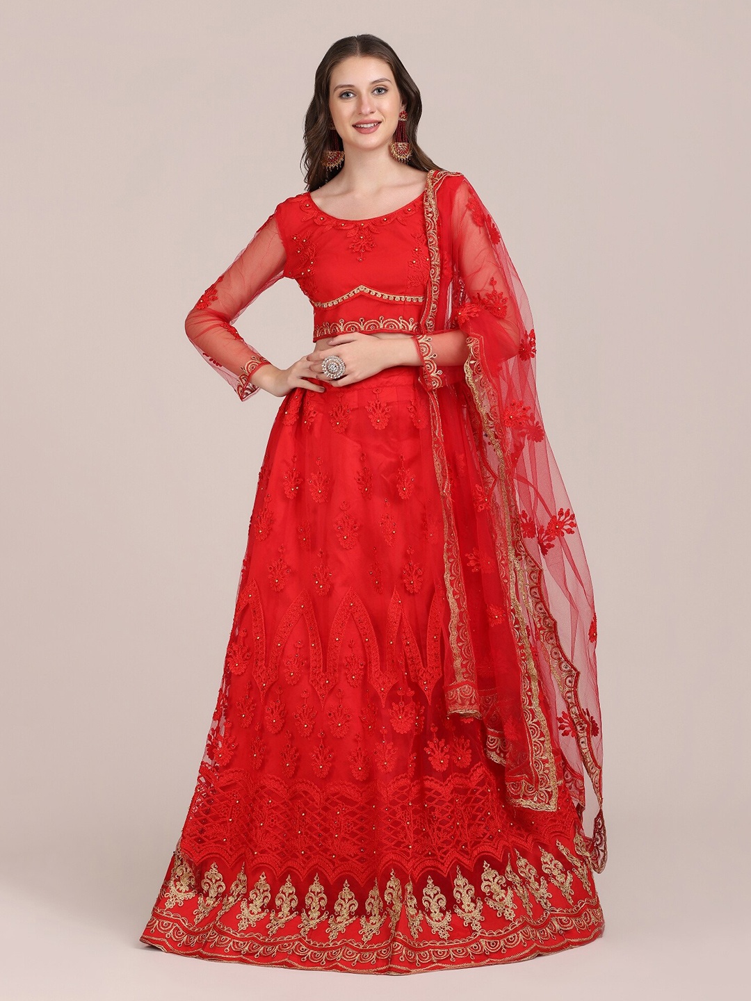 

Atsevam Red Embroidered Semi-Stitched Lehenga & Unstitched Blouse With Dupatta