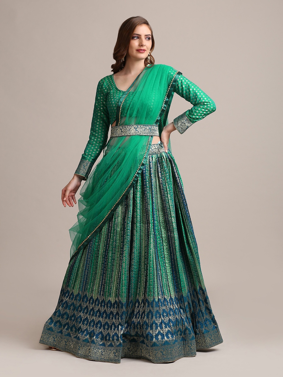 

Atsevam Turquoise Green & Blue Semi-Stitched Lehenga & Unstitched Blouse With Dupatta