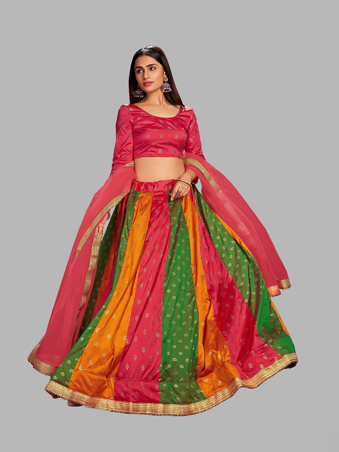 

Atsevam Pink Printed Foil Print Semi-Stitched Lehenga & Unstitched Blouse With Dupatta