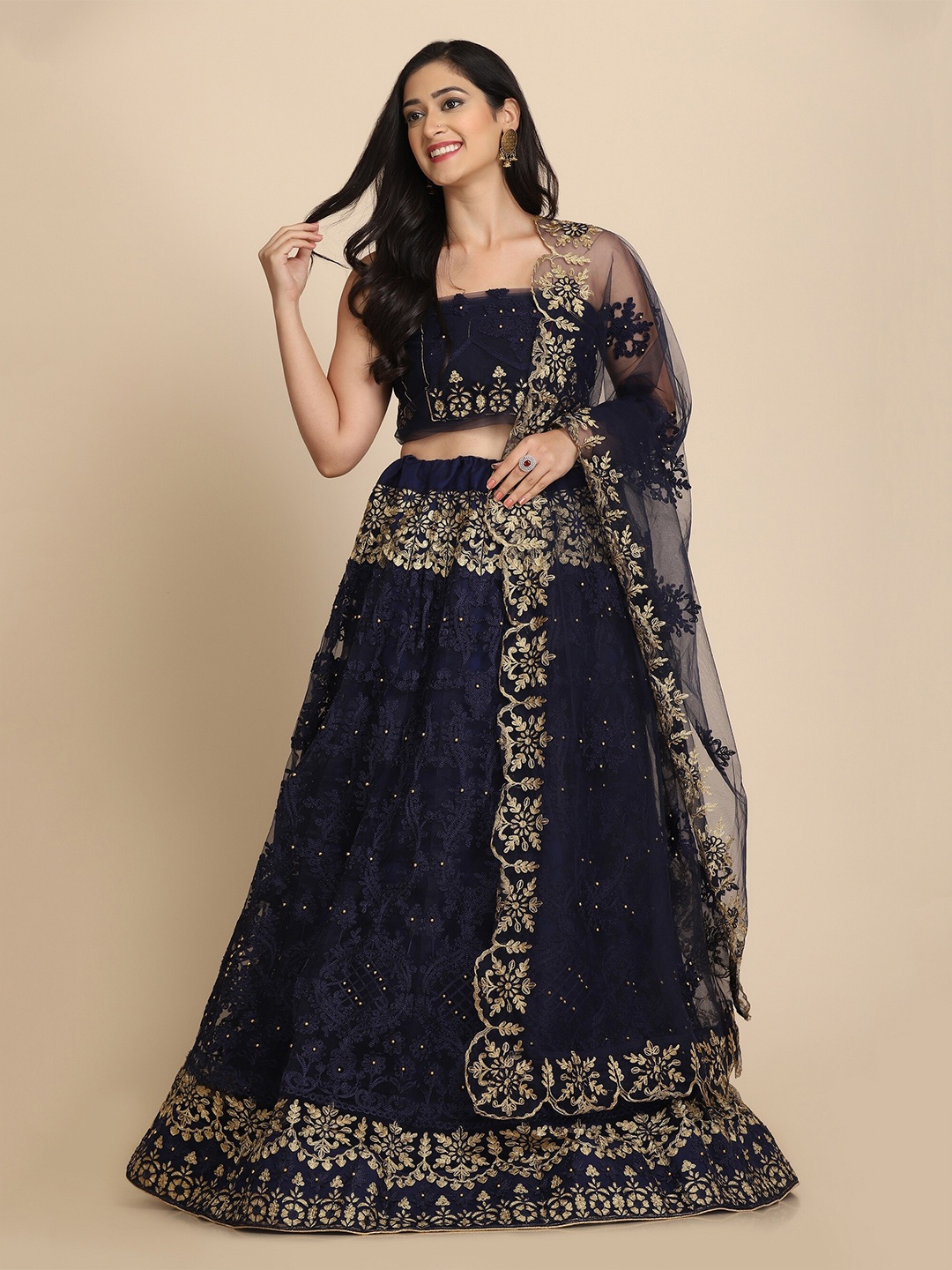 

Atsevam Blue & Gold-Toned Embroidered Thread Work Semi-Stitched Lehenga & Unstitched Blouse With Dupatta