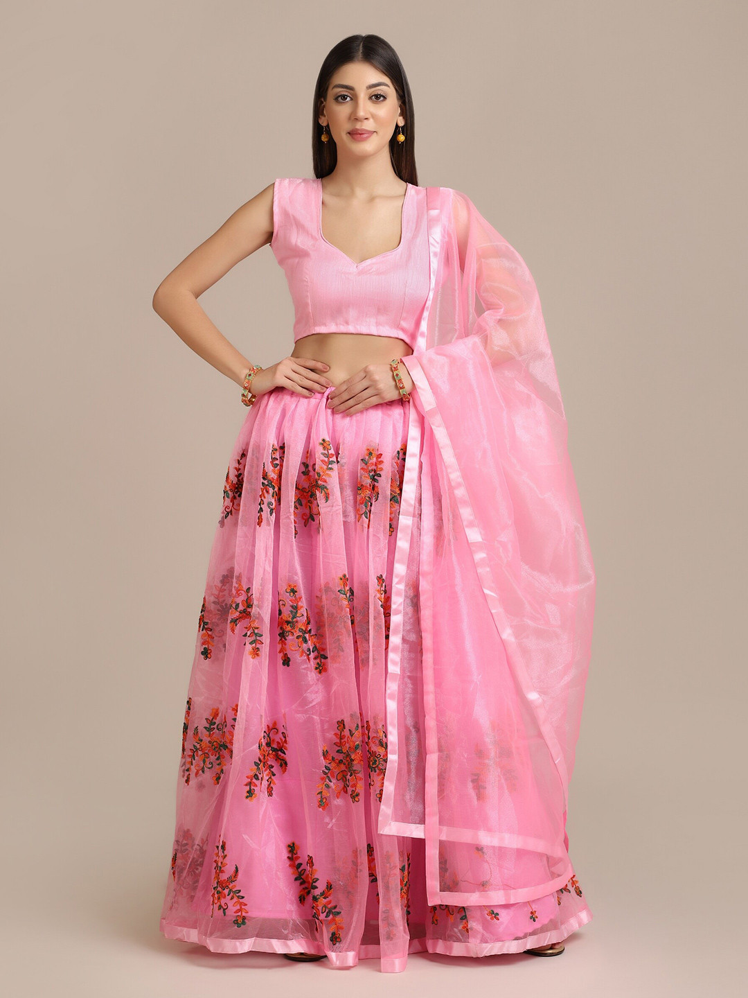 

Atsevam Pink & Orange Thread Work Semi-Stitched Lehenga Choli