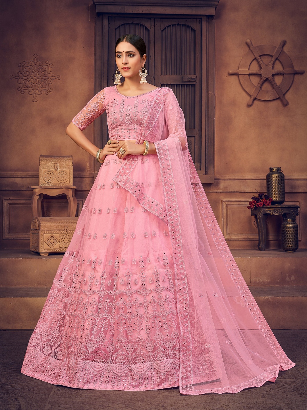 

Atsevam Pink Embroidered Thread Work Semi-Stitched Lehenga Choli