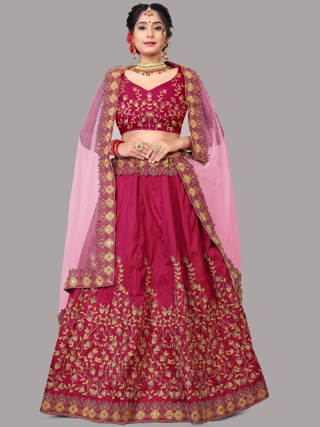 

Atsevam Pink & Gold-Toned Embroidered Thread Work Semi-Stitched Lehenga Choli