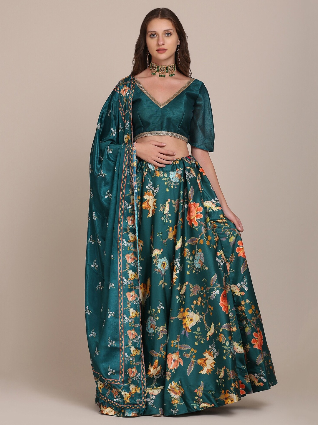 

Atsevam Sea Green & Orange Semi-Stitched Lehenga Choli