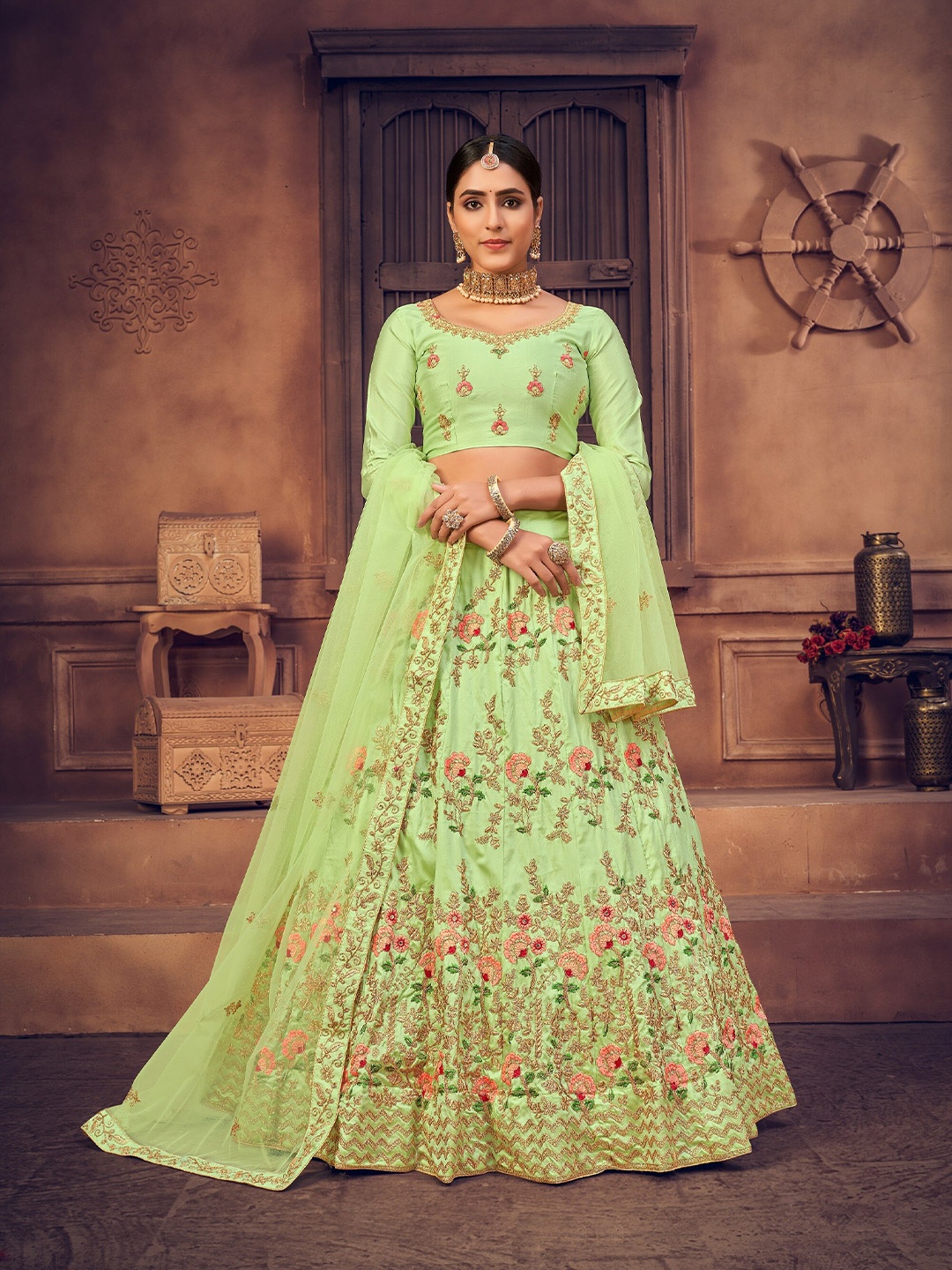 

Atsevam Lime Green & Pink Embroidered Thread Work Semi-Stitched Lehenga Choli
