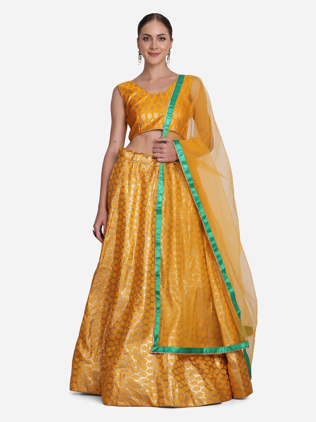 

Atsevam Yellow & Gold-Toned Semi-Stitched Lehenga Choli