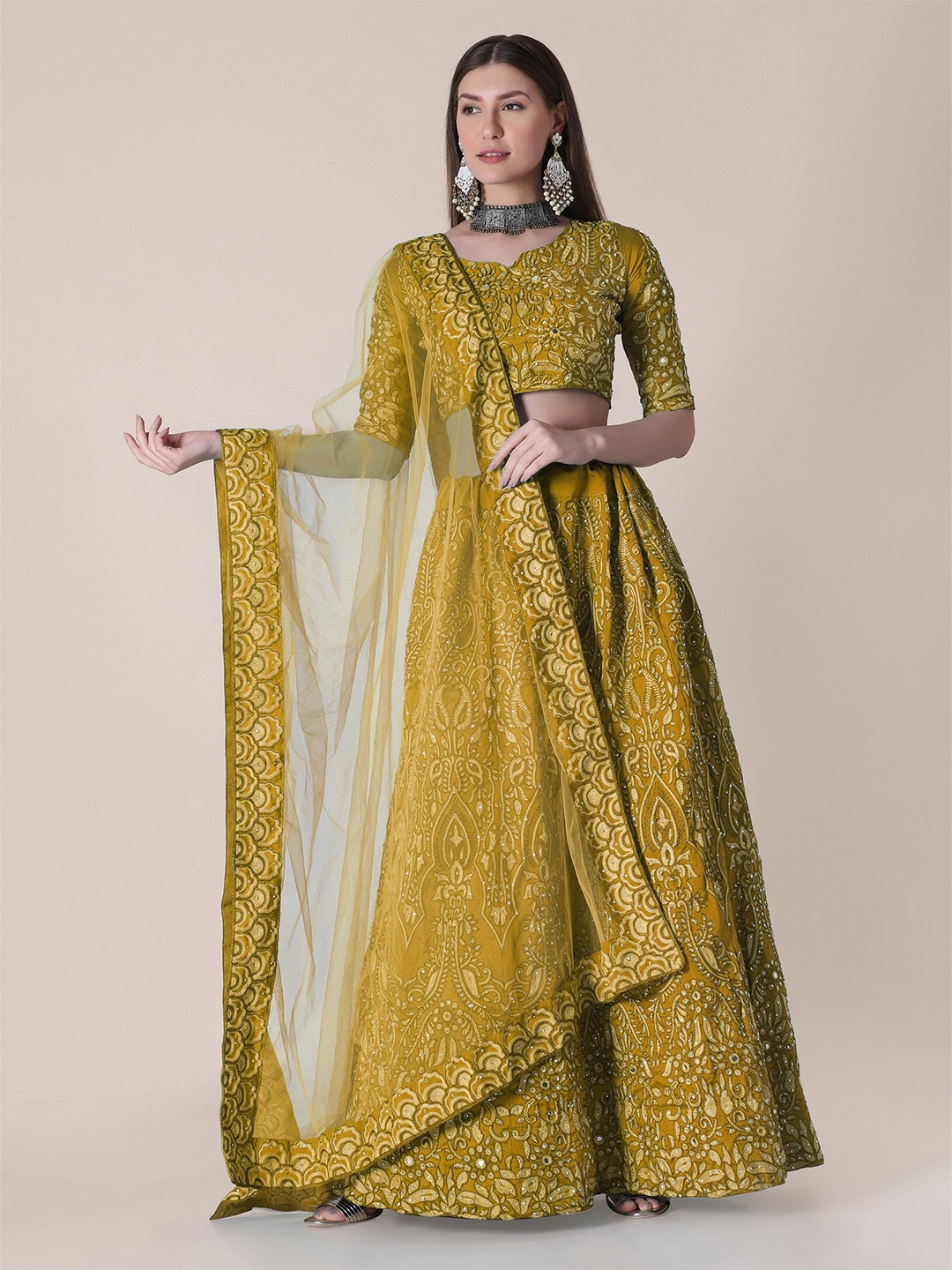 

Atsevam Yellow Embroidered Thread Work Semi-Stitched Lehenga Choli