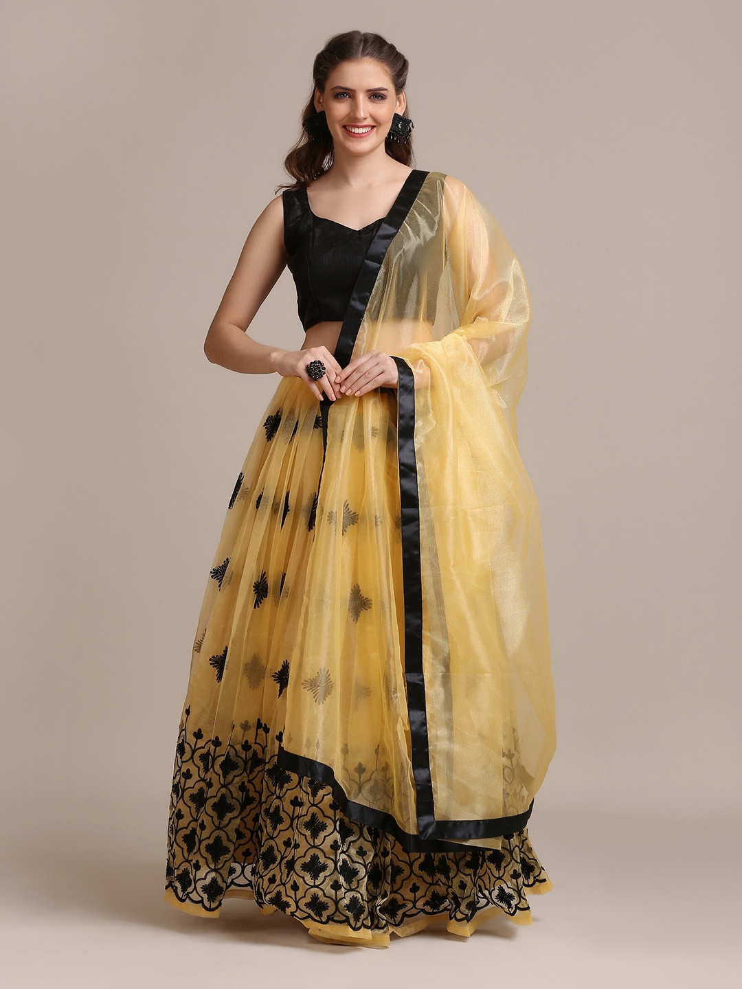 

Atsevam Cream-Coloured & Black Thread Work Semi-Stitched Lehenga Choli