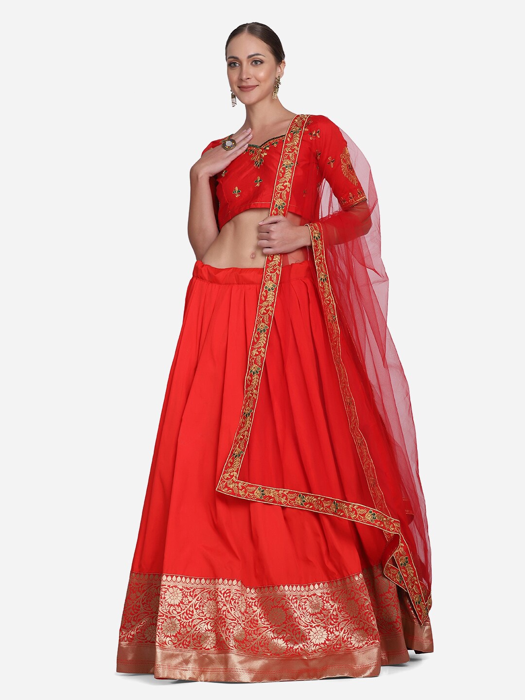 

Atsevam Red & Gold-Toned Embroidered Semi-Stitched Lehenga Choli