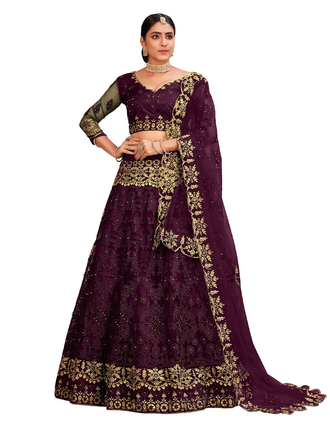 

Atsevam Purple & Gold-Toned Embroidered Thread Work Semi-Stitched Lehenga Choli
