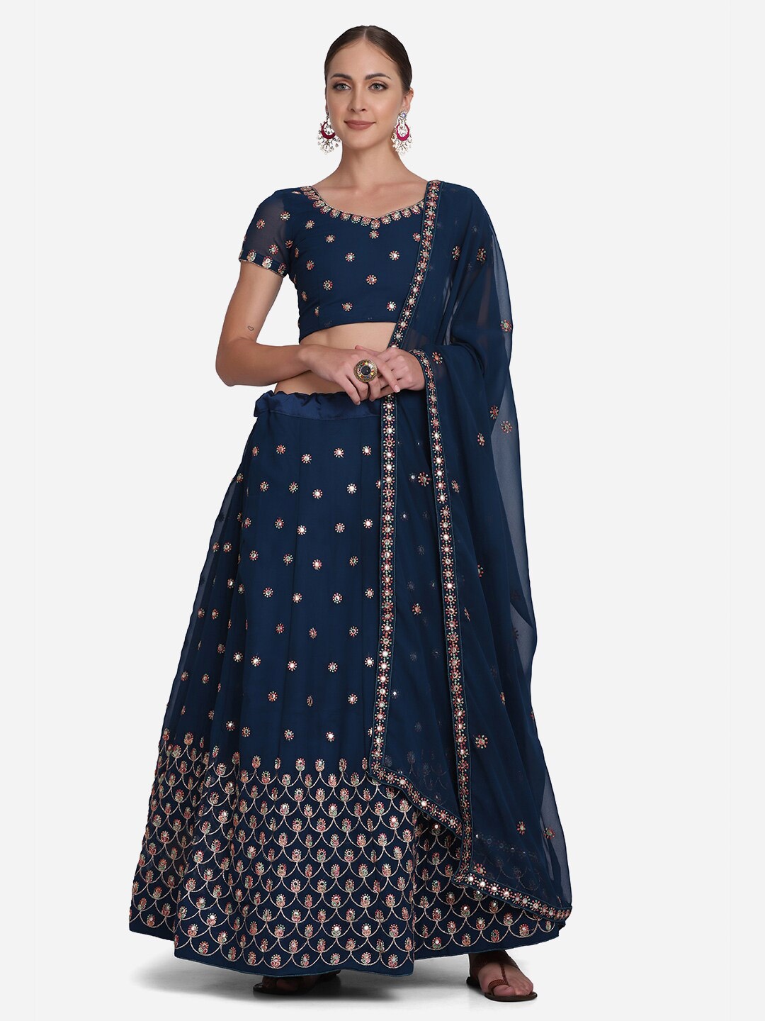 

Atsevam Women Blue & Gold-Toned Mirror Work Semi-Stitched Lehenga & Unstitched Blouse