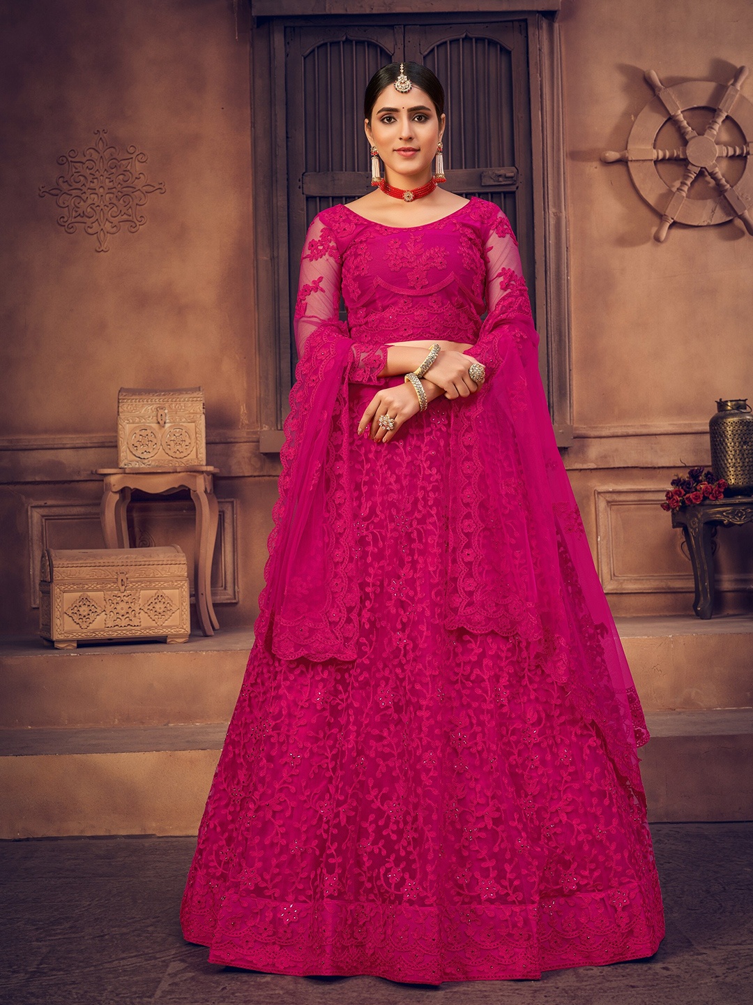 

Atsevam Pink Embroidered Thread Work Semi-Stitched Lehenga Choli