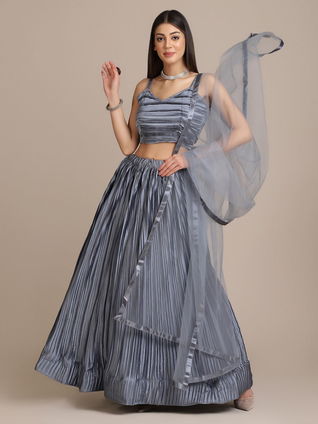 

Atsevam Women Grey Semi-Stitched Lehenga & Unstitched Blouse With Dupatta