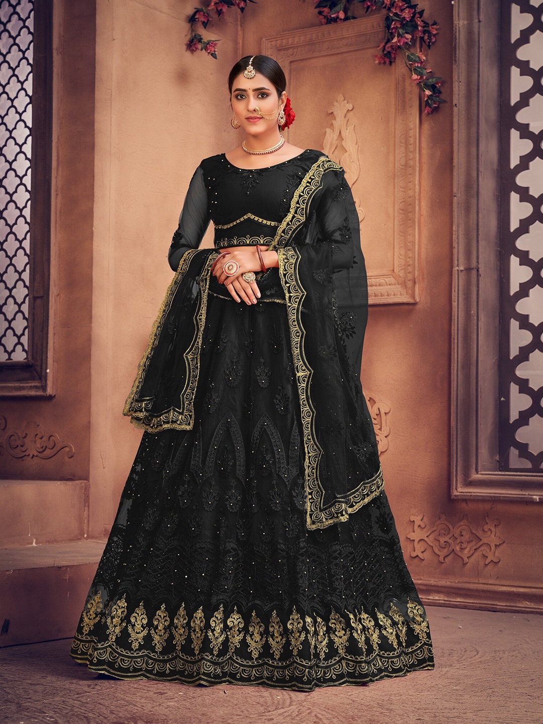 

Atsevam Women Black & Gold Embroidered Semi-Stitched Lehenga &Unstitched Blouse &Dupatta