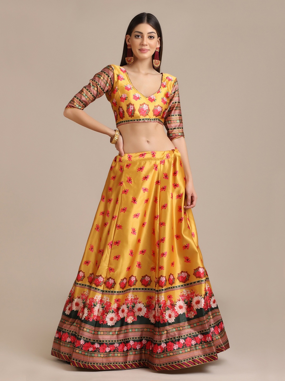 

Atsevam Yellow & Pink Printed Semi-Stitched Lehenga & Unstitched Blouse With Dupatta