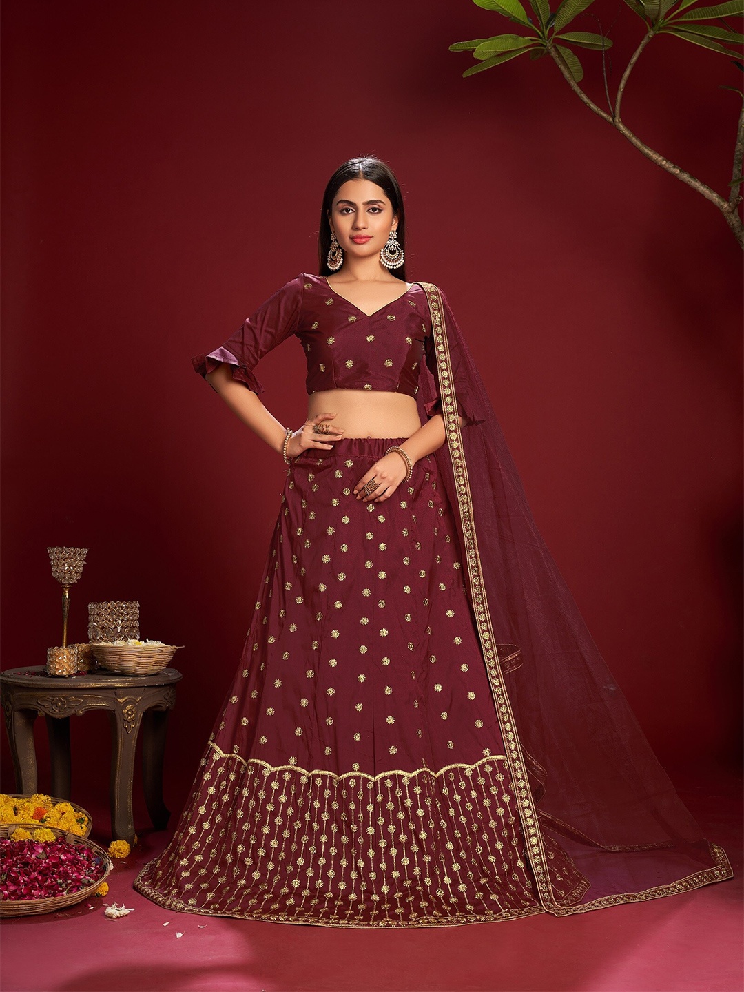 

Atsevam Women Maroon & Gold Embroidered Semi-Stitched Lehenga & Unstitched Blouse &Dupatta