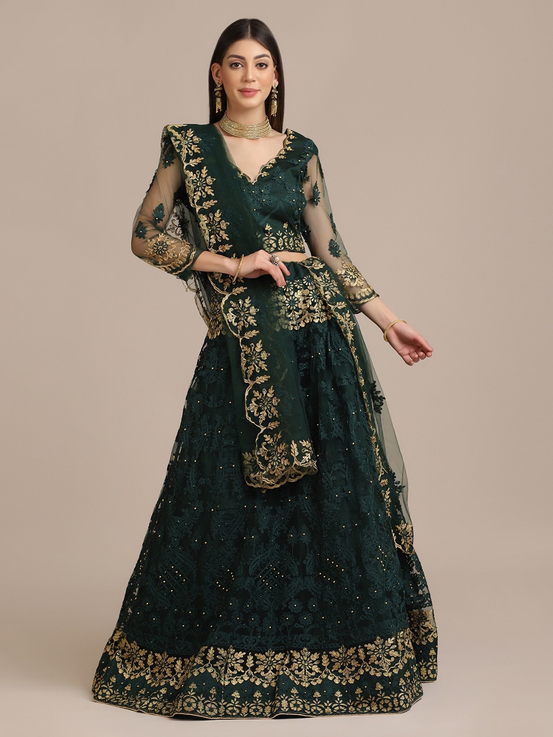 

Atsevam Women Green & Gold Embroidered Semi-Stitched Lehenga & Unstitched Blouse &Dupatta