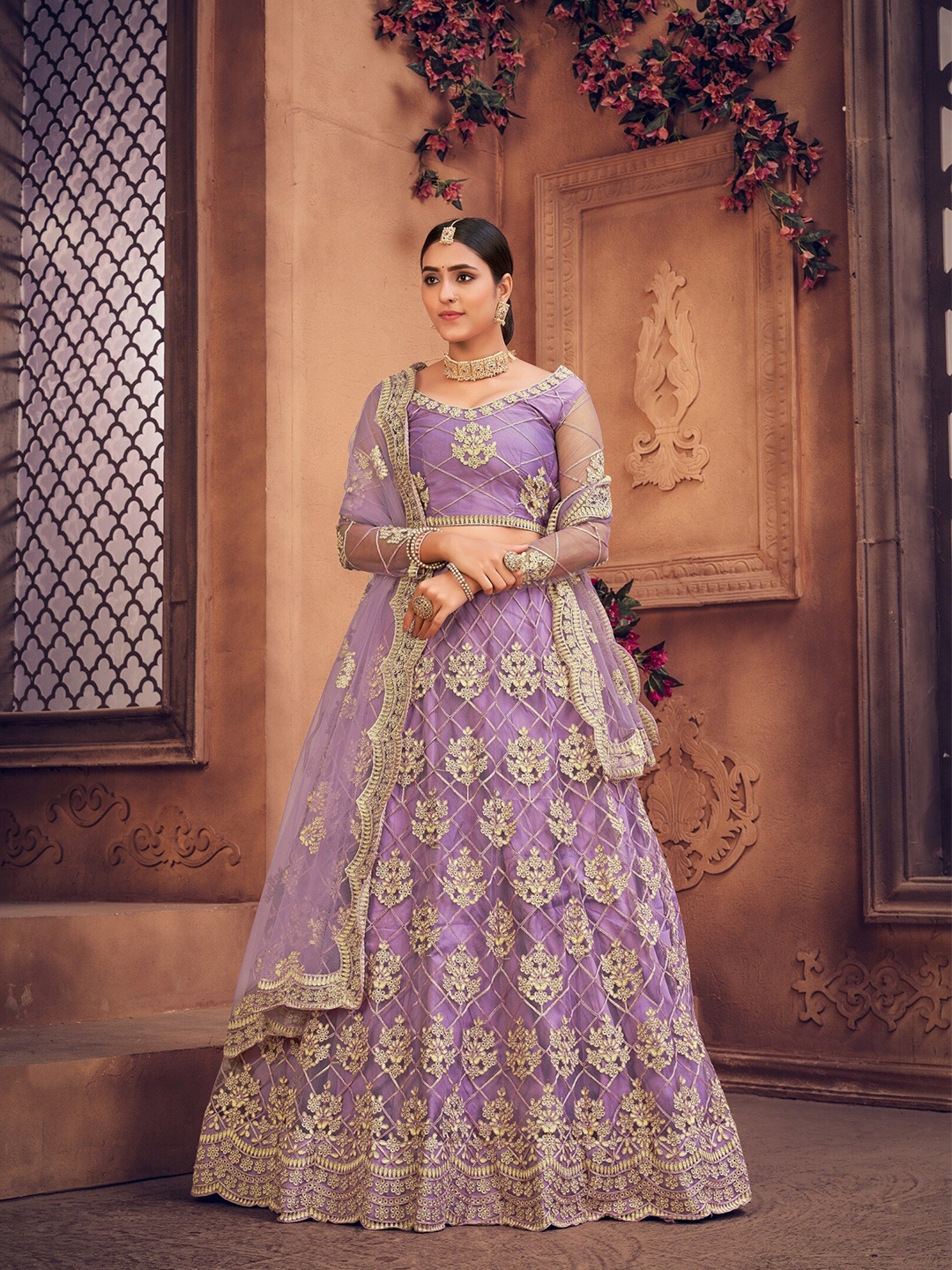 

Atsevam Purple & Gold Embroidered Semi-Stitched Lehenga & Unstitched Blouse With Dupatta