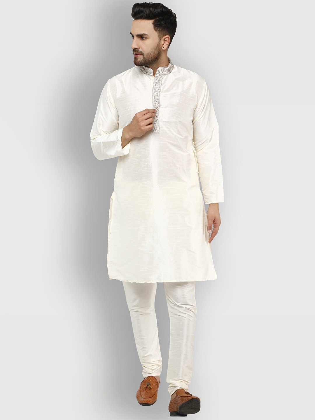 

Enciger Men Off White Dupion Silk Kurta with Churidar