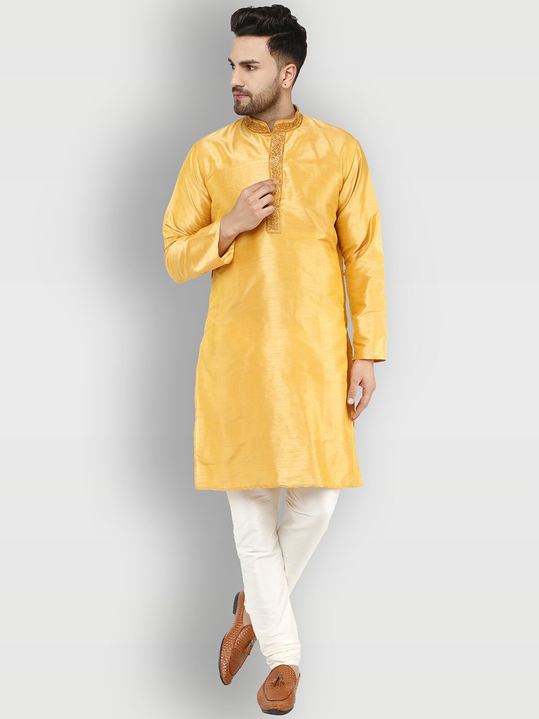 

Enciger Men Golden Dupion Silk Kurta with Churidar, Gold
