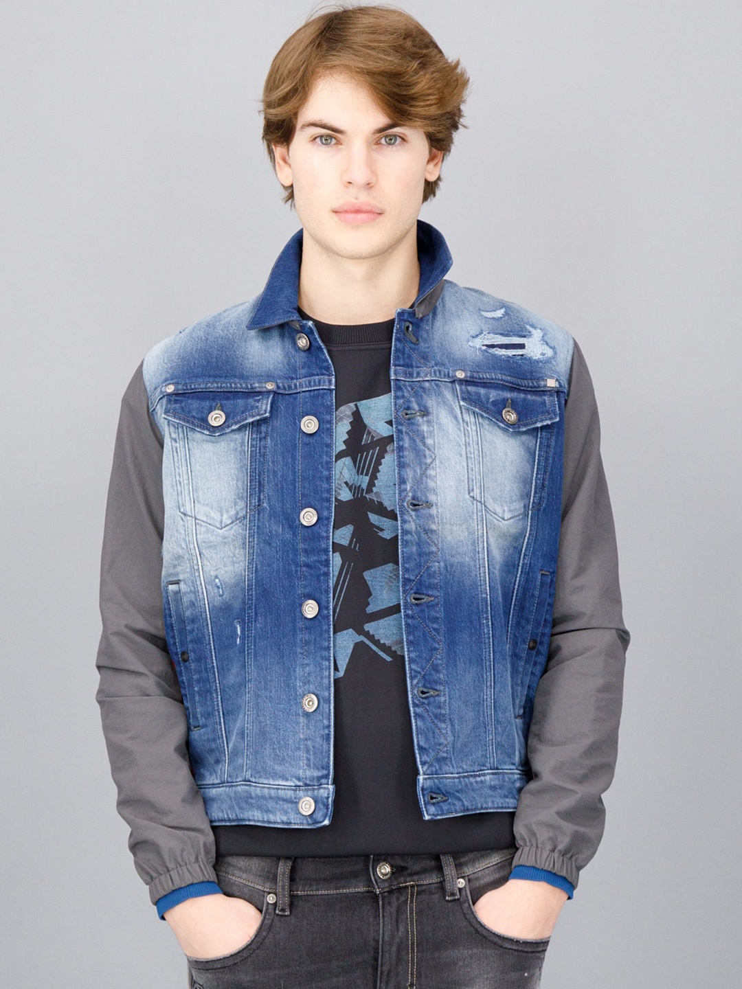 

FREESOUL Men Blue & Grey Washed Crop Denim Jacket