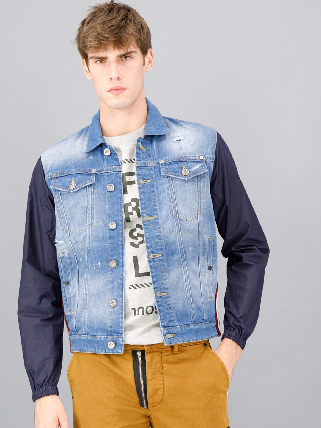 

FREESOUL Men Blue & Navy Blue Washed Crop Denim Jacket