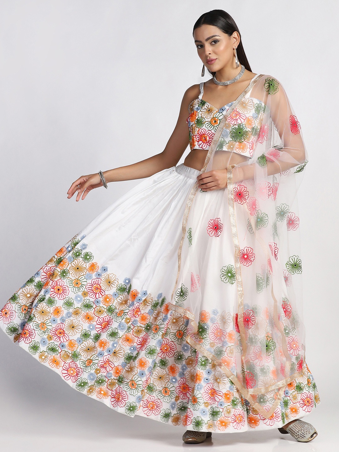 

Atsevam White & Red Embroidered Thread Work Semi-Stitched Lehenga Choli