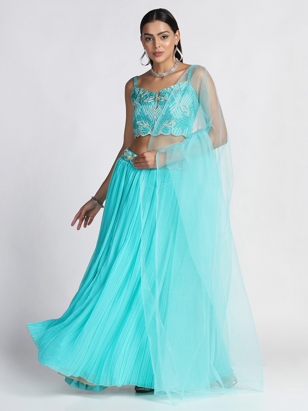 

Atsevam Turquoise Blue & Gold-Toned Embroidered Semi-Stitched Lehenga & Unstitched Blouse With Dupatta