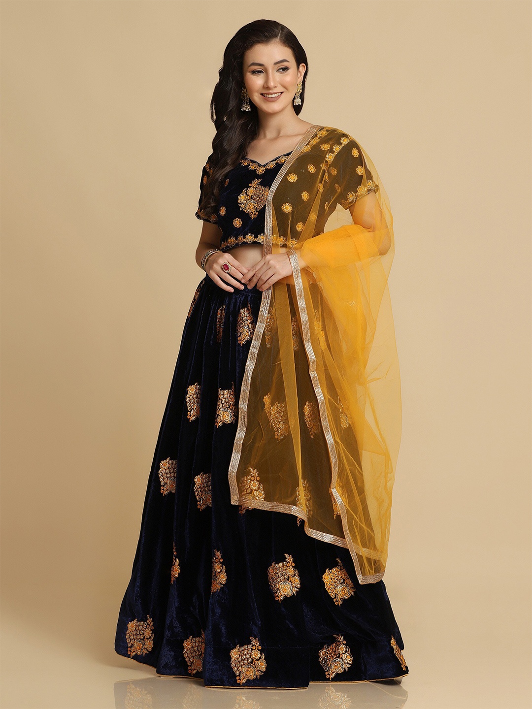 

Atsevam Blue & Gold-Toned Embroidered Thread Work Semi-Stitched Lehenga & Unstitched Blouse With Dupatta