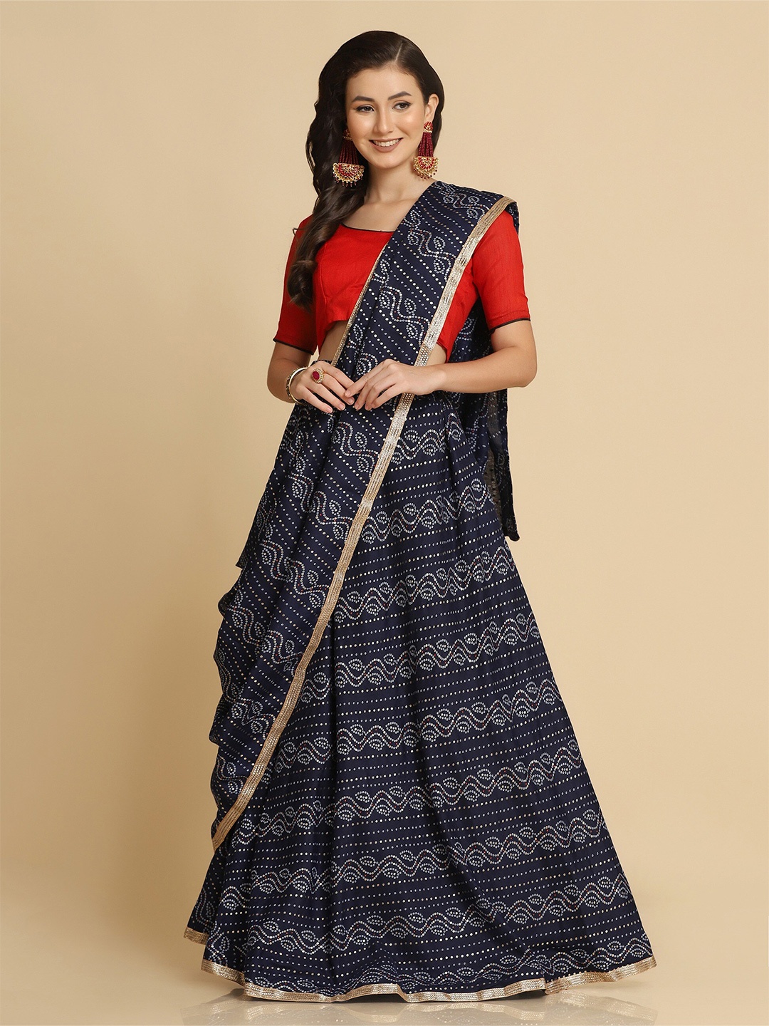 

Atsevam Blue & Red Semi-Stitched Lehenga & Unstitched Blouse With Dupatta