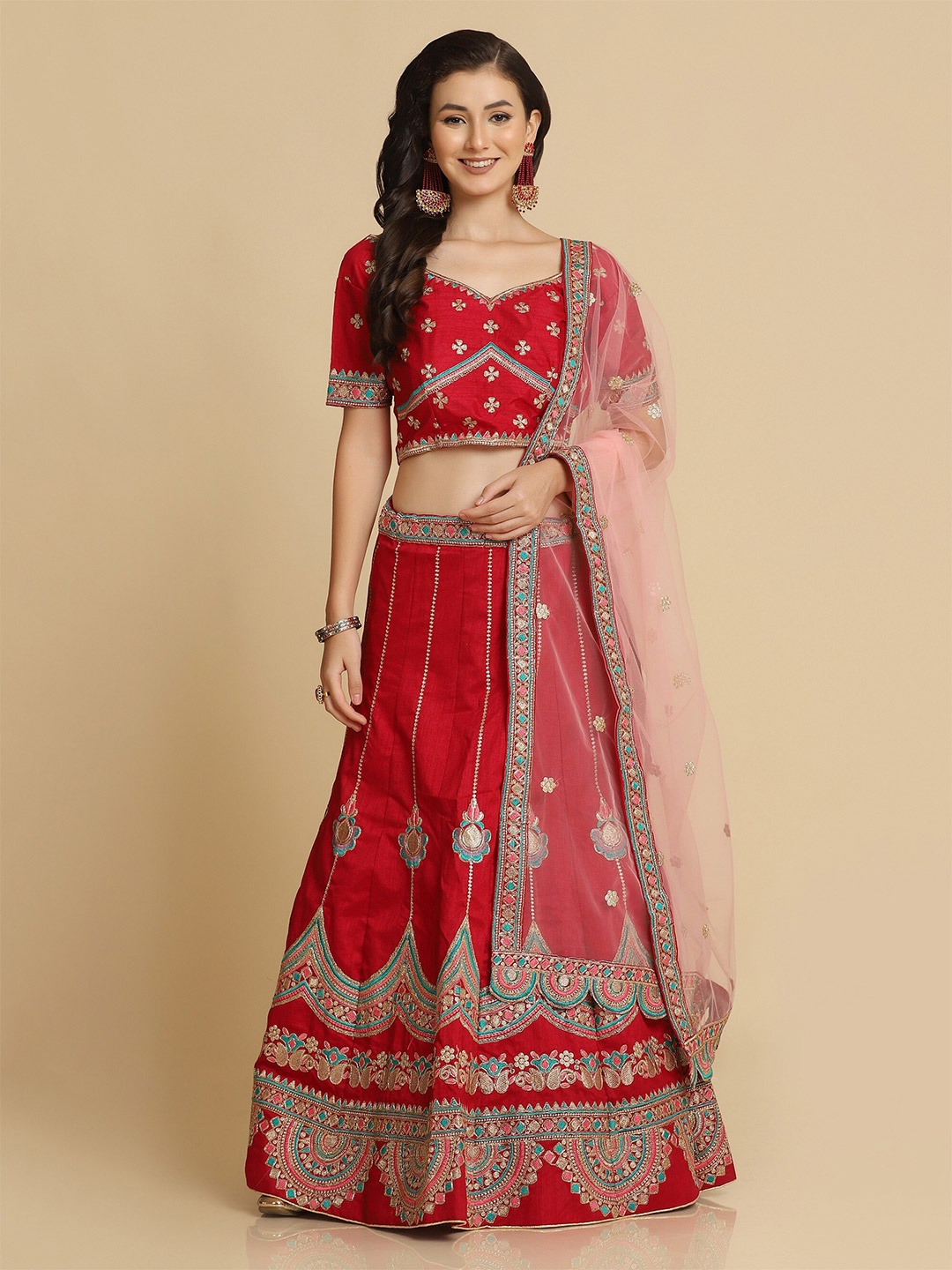 

Atsevam Maroon & Gold-Toned Embroidered Thread Work Semi-Stitched Lehenga Choli