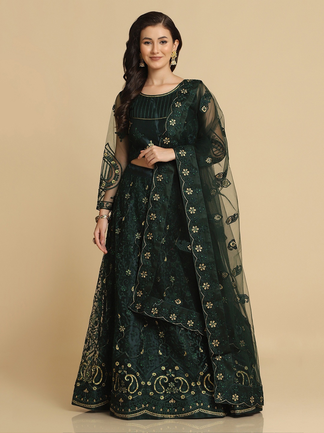 

Atsevam Green & Gold-Toned Embroidered Semi-Stitched Lehenga Choli