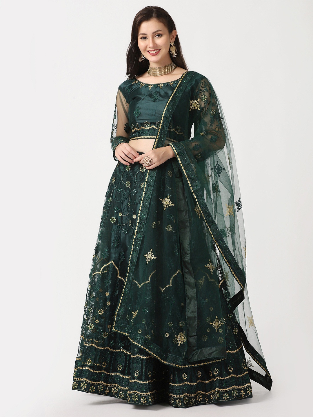 

Atsevam Women Green Embroidered Semi-Stitched Lehenga & Unstitched Blouse With Dupatta