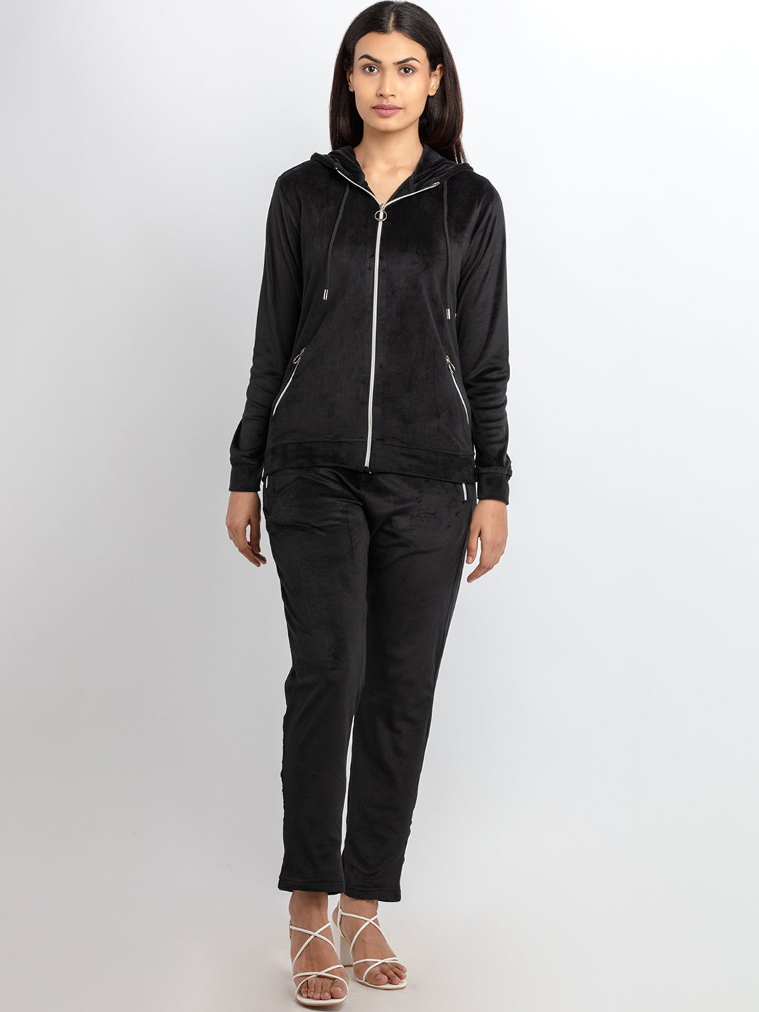 

Status Quo Women Black Solid Tracksuits With Zipper Pocket
