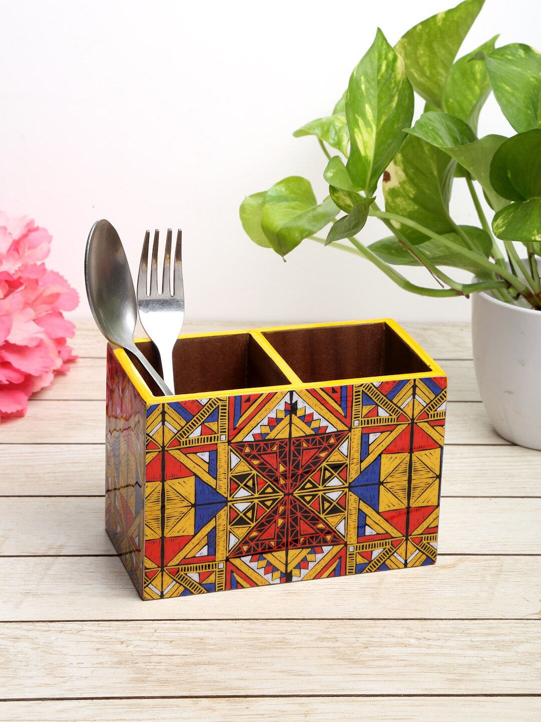 

ROMEE Yellow & Red Printed Wooden Cutlery Holder