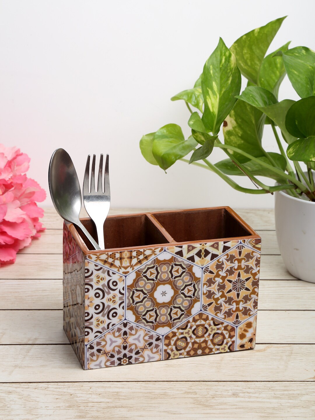 

ROMEE Brown Printed Wooden Cutlery Holde Holder With 2 Compartment