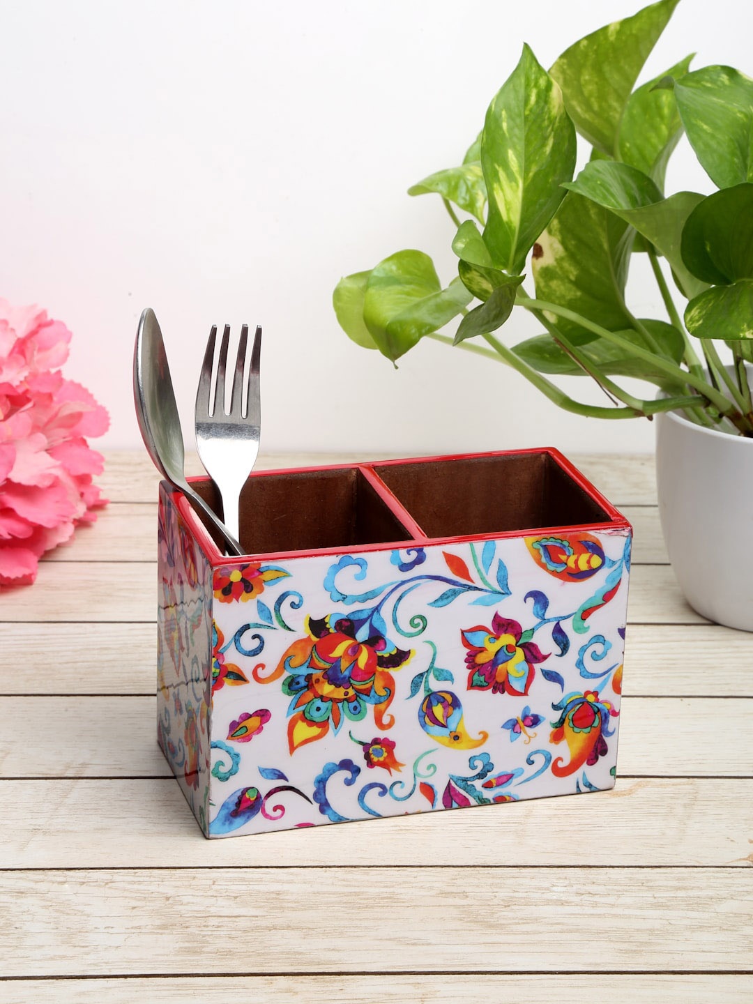 

ROMEE White & Blue Printed Cutlery Holder With 2 Compartment