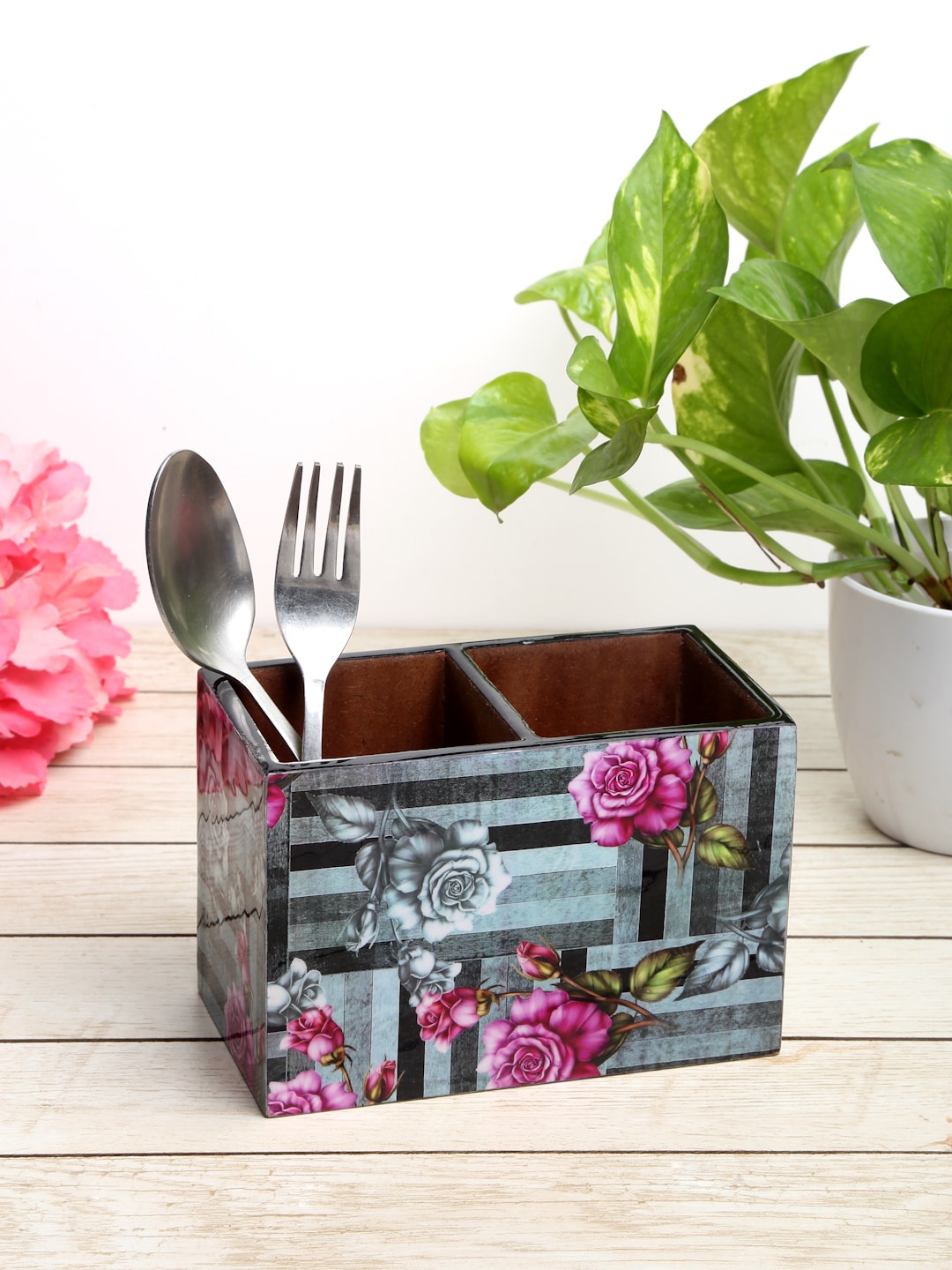 

ROMEE Grey & Pink Printed Wooden Cutlery Holder With 2 Compartment
