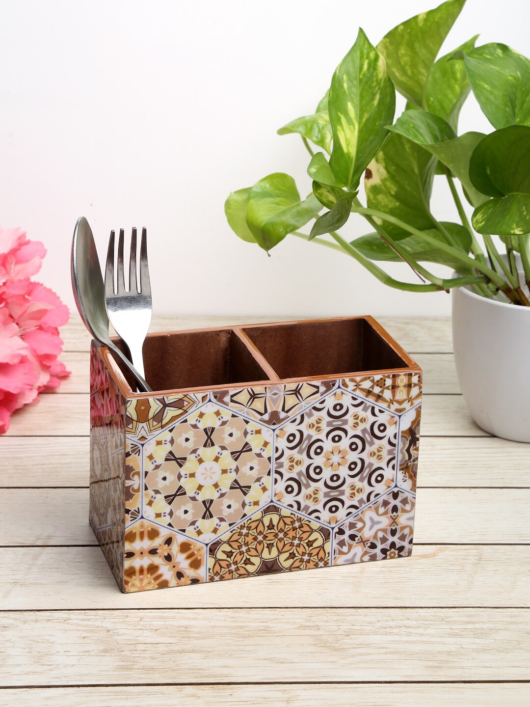 

ROMEE Brown & White Printed Wooden Cutlery Holder With 2 Compartment