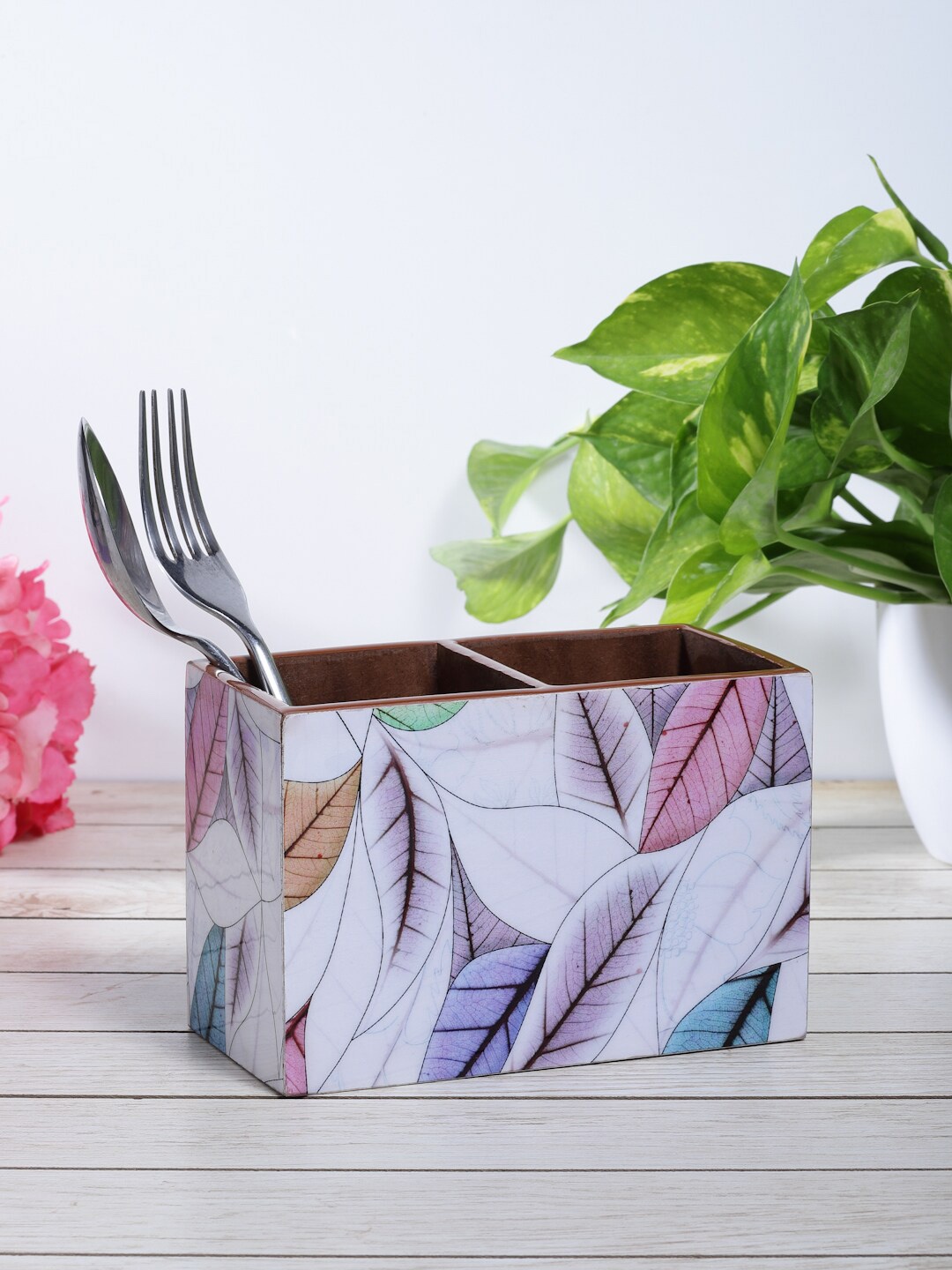 

ROMEE White & Purple Printed Wooden Cutlery Holder With 2 Compartment