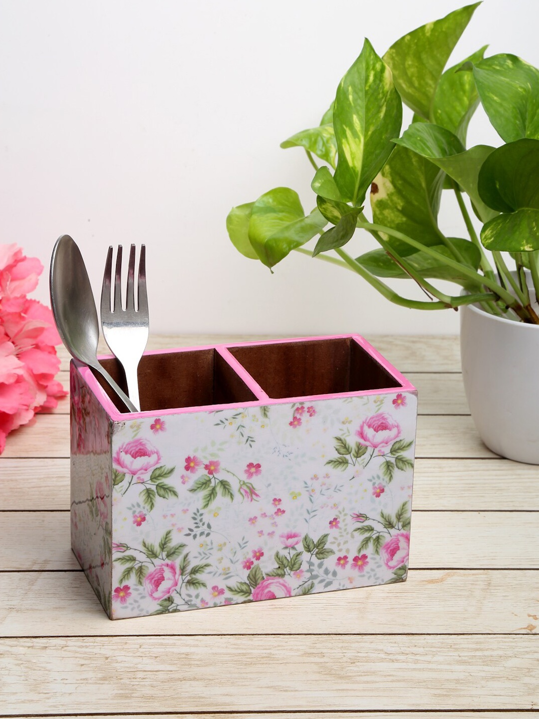 

ROMEE White Printed Cutlery Holder With 2 Compartment